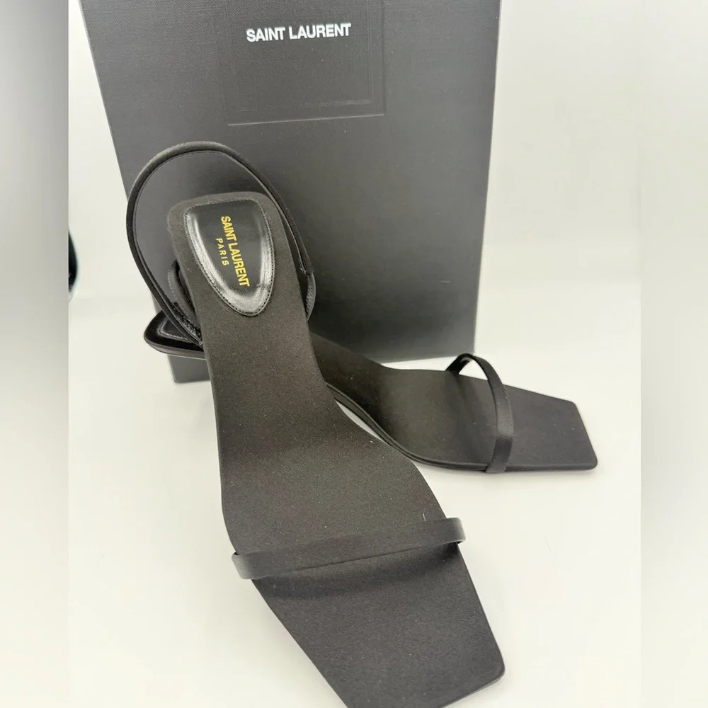 Saint Laurent Black Slim-Strap Square-Toe Sandals - Picture 2 of 7